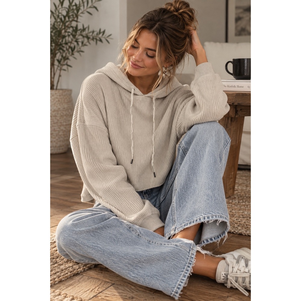 Aerie Women Oatmeal Beige Ribbed Cropped Hoodie Sweatshirt Size S 100% Cotton